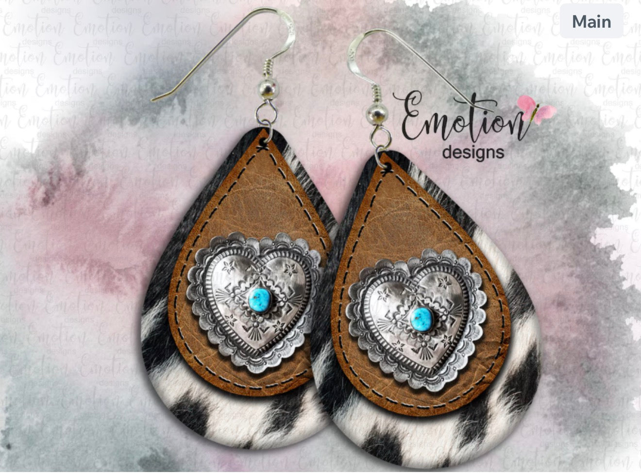 Turquoise Heart Cowhide Teardrop Earrings