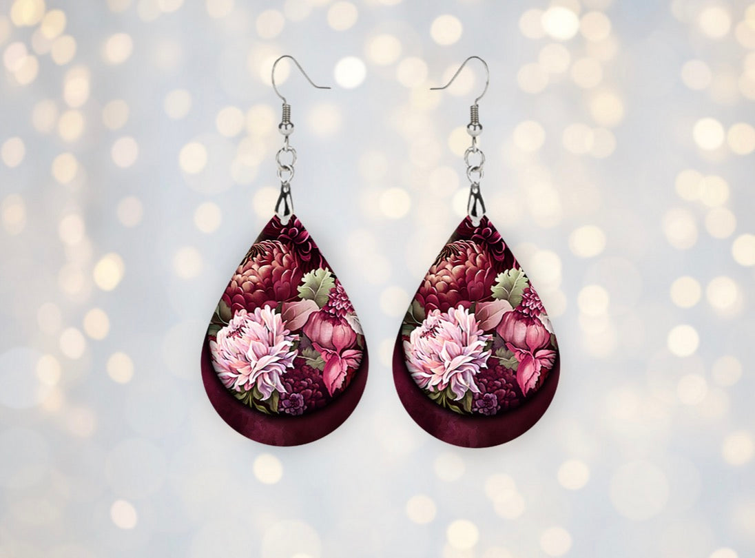 š¹ Burgundy Bloom Floral Teardrop Earrings