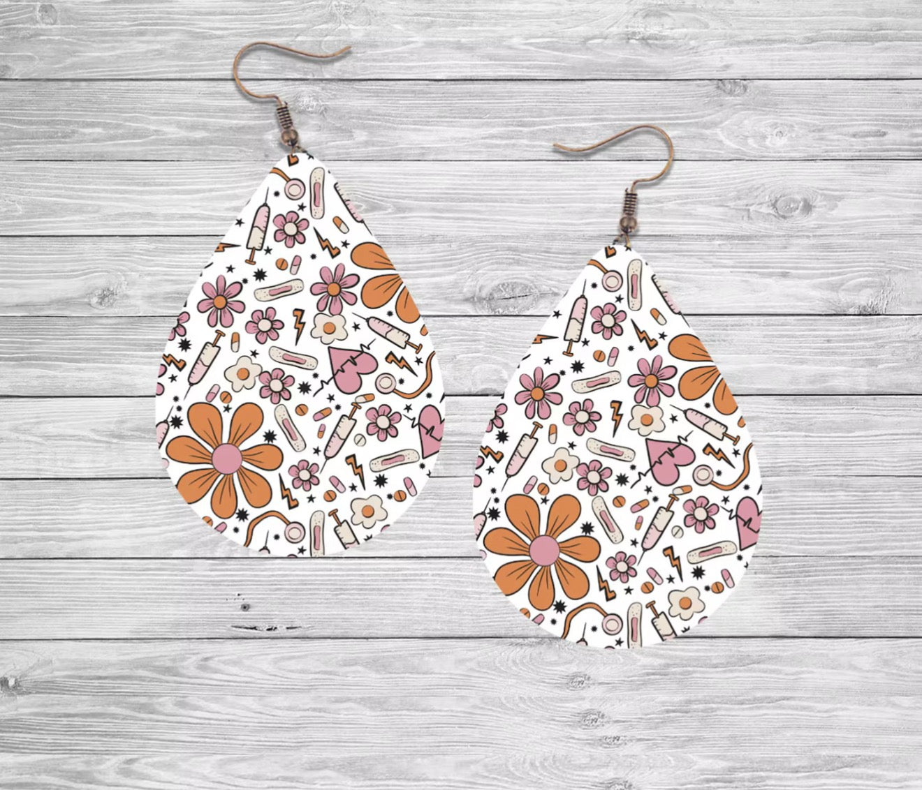 Retro Floral Nurse Teardrop Earrings