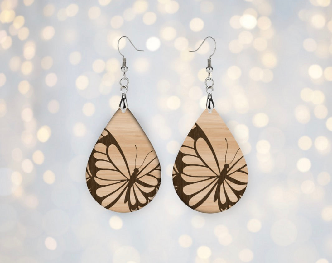 🦋 Butterfly Wood Teardrop Earrings