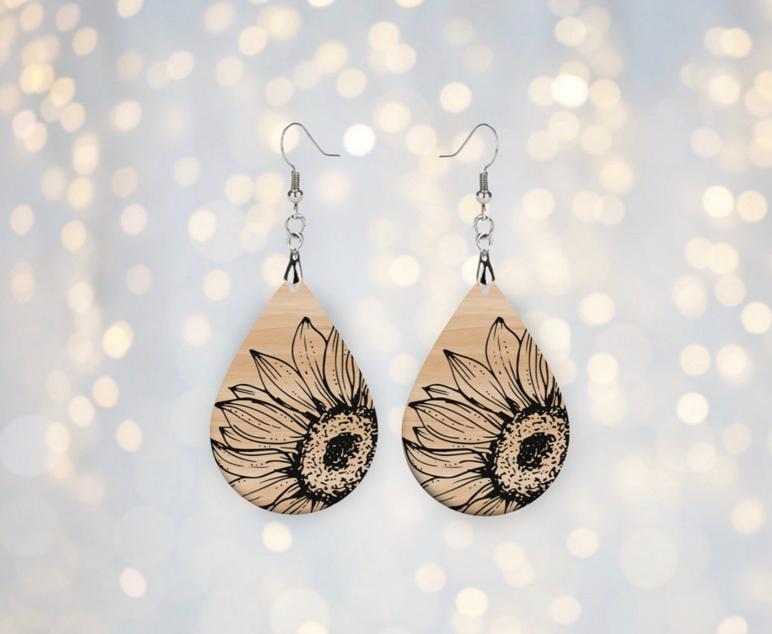 🌻 Sunflower Wood Teardrop Earrings