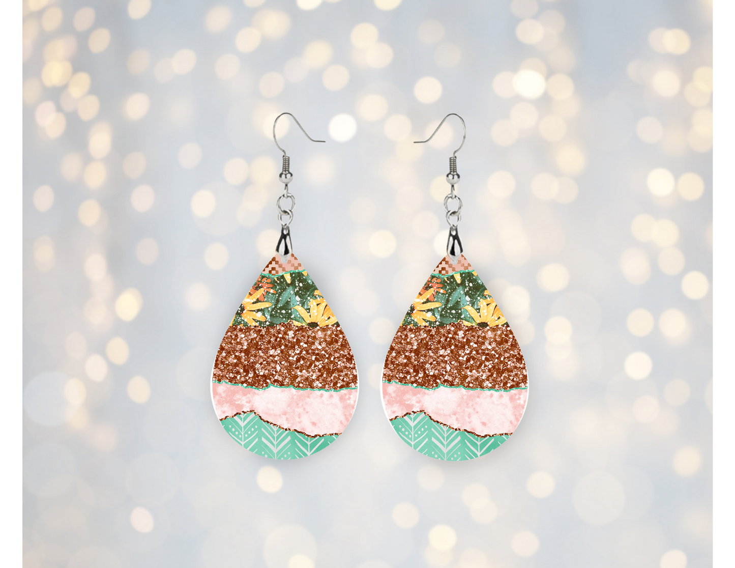 Boho Patchwork Glitter Teardrop Earrings ✨🌼
