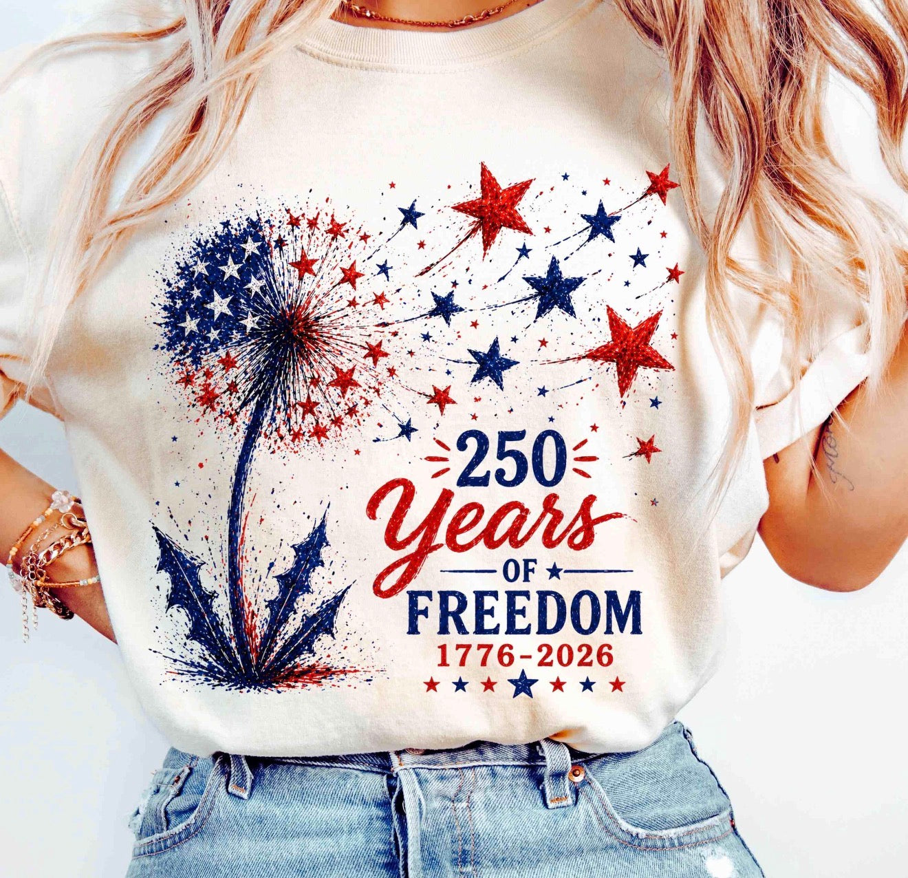 250 Years of Freedom Firework Dandelion Patriotic Tee