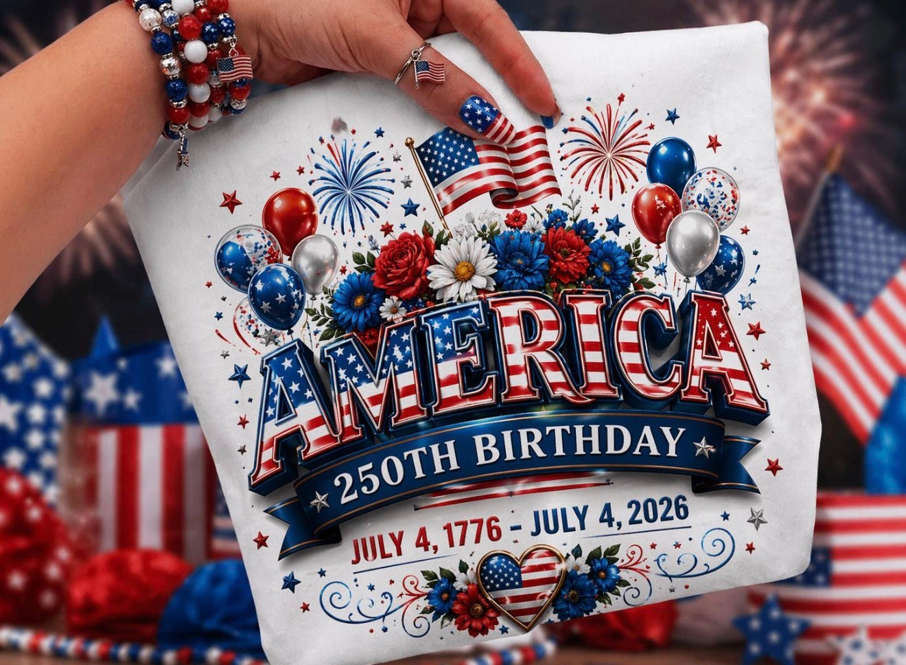 America 250th Birthday Fireworks & Flowers Graphic Tee