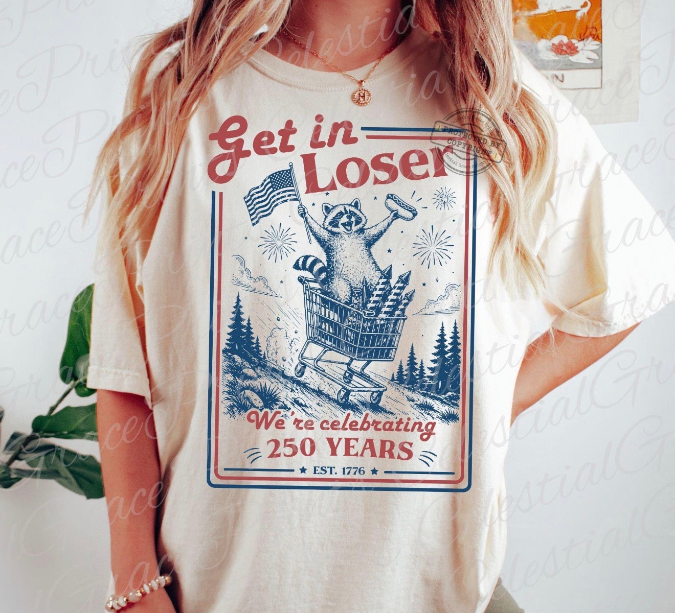 Get In Loser We're Celebrating 250 Years Patriotic Raccoon Tee