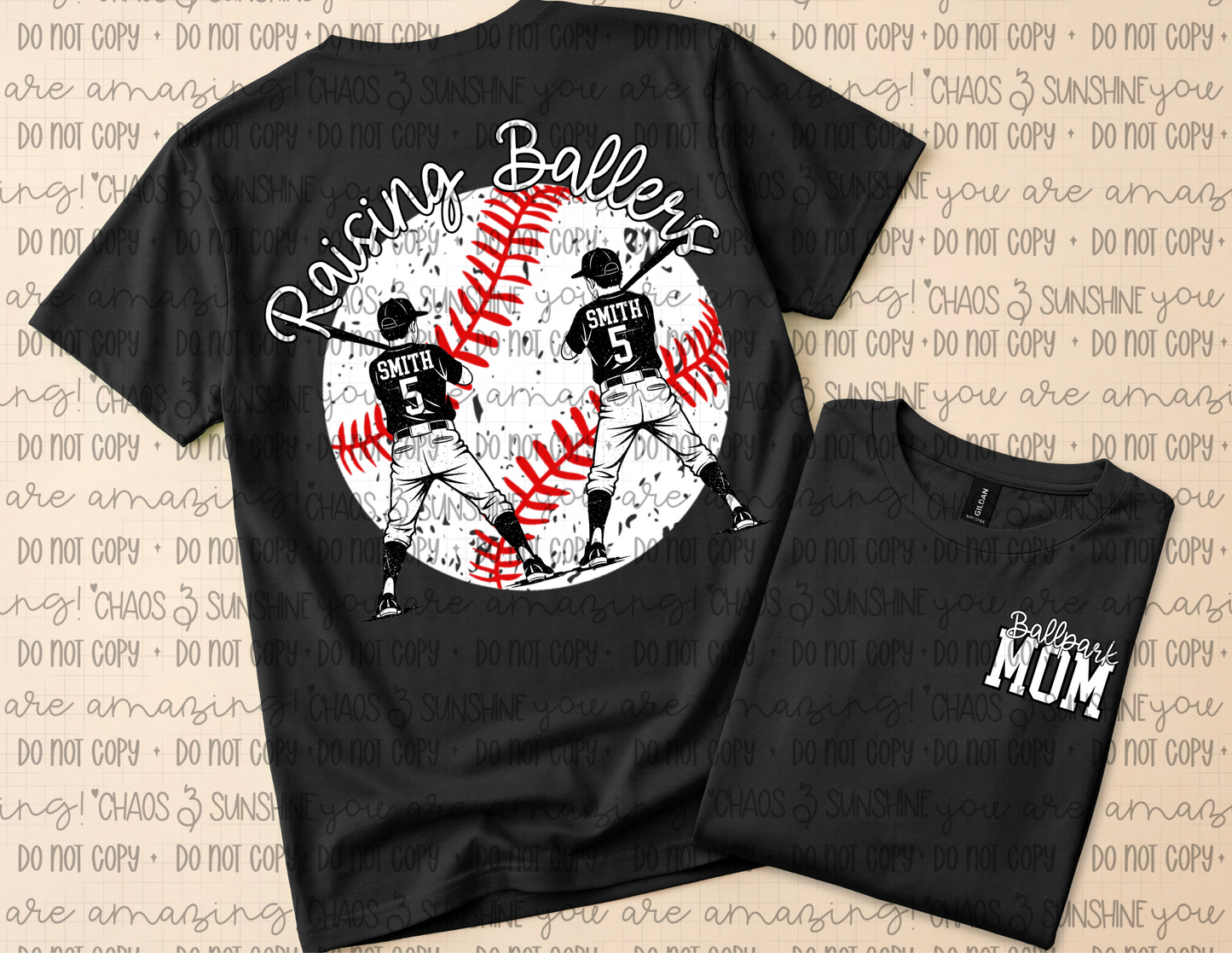 Raising Ballers Baseball Mom Graphic T-Shirt | Custom Player Name & Number Baseball Tee ⚾🖤