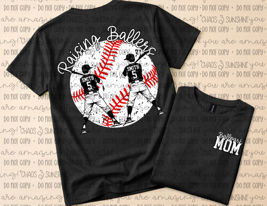 Raising Ballers Baseball Mom Graphic T-Shirt | Custom Player Name & Number Baseball Tee ⚾🖤