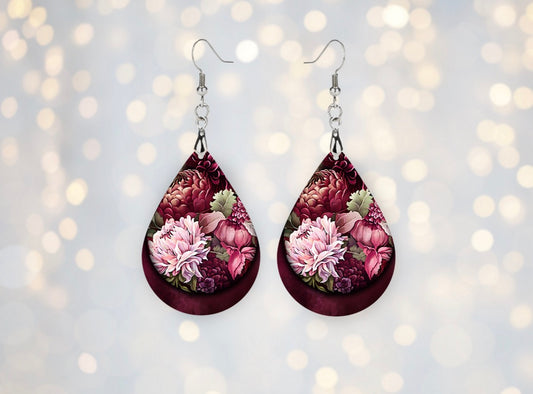 🌹 Burgundy Bloom Floral Teardrop Earrings