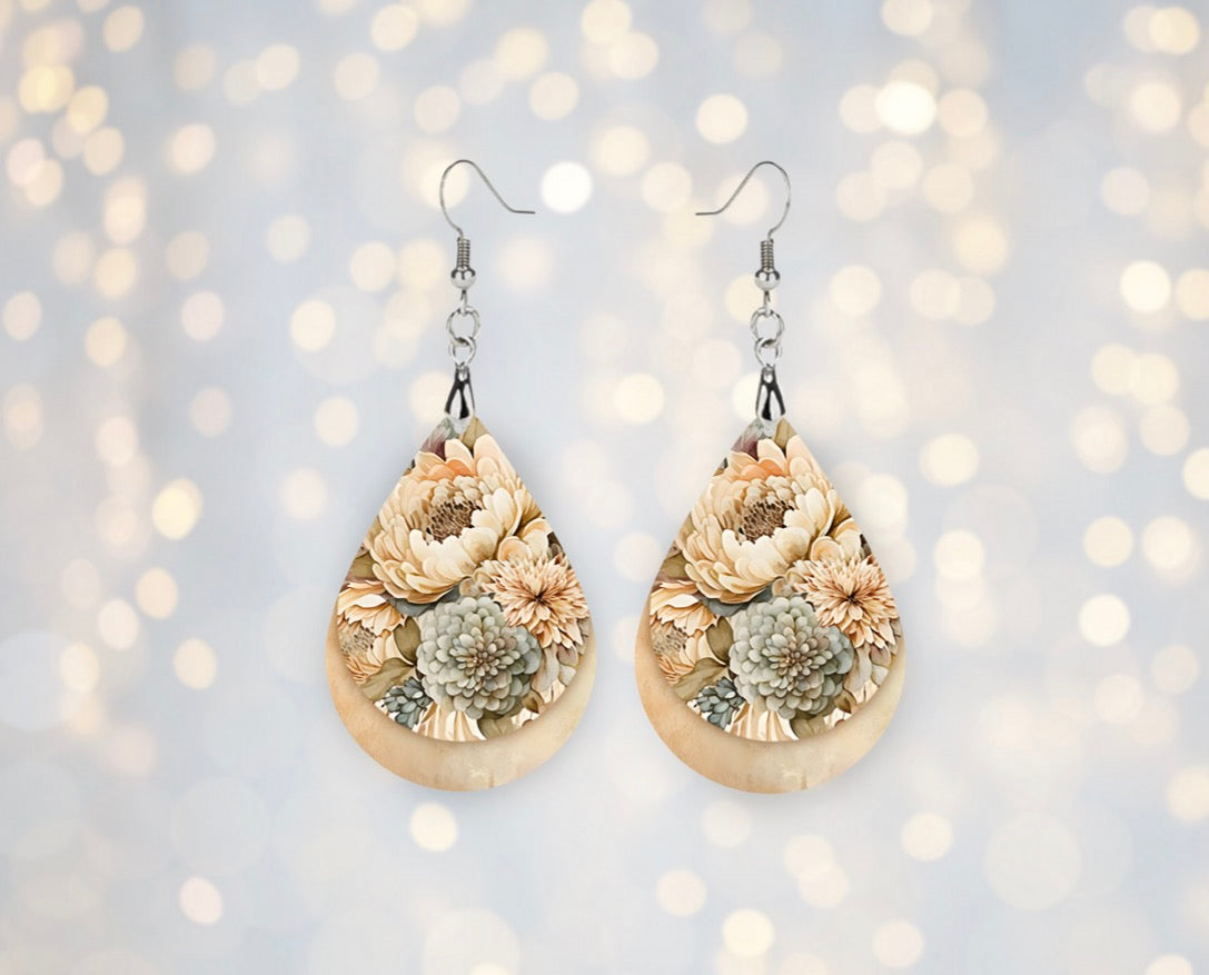 🌼 Neutral Garden Floral Teardrop Earrings