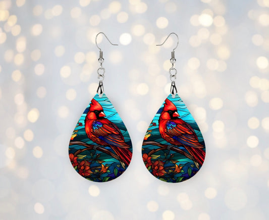 🐦 Cardinal Stained-Glass Style Teardrop Earrings