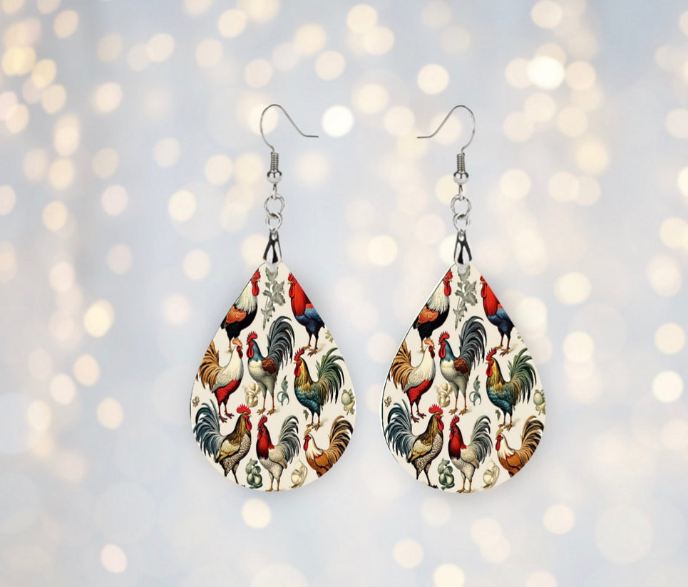 🐓 Vintage Rooster Farmhouse Teardrop Earrings