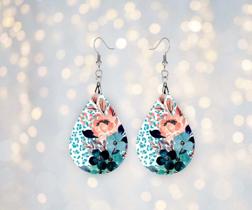 🌺 Teal Blossom Speckled Teardrop Earrings