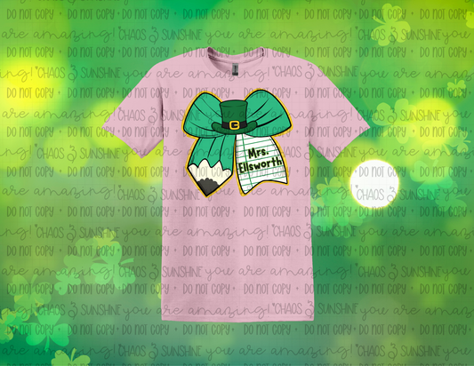 Lucky Charm Teacher Bow Tee – Personalized Name Shamrock Shirt 🍀