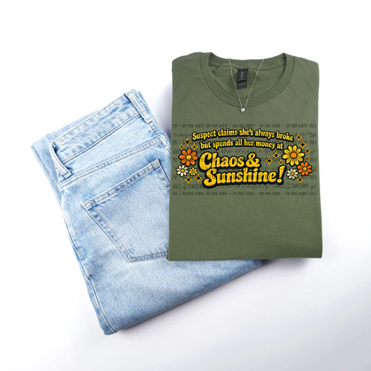 Suspect Says She’s Broke – Chaos & Sunshine Retro Graphic